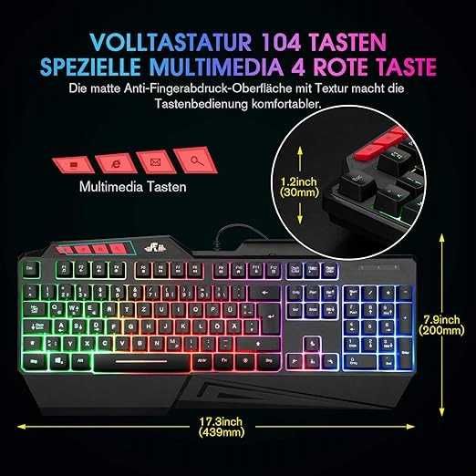 Rii Klawiatura gamingowa USB podświetlana, PC/laptopa/PS4/Xbox QWERTZ