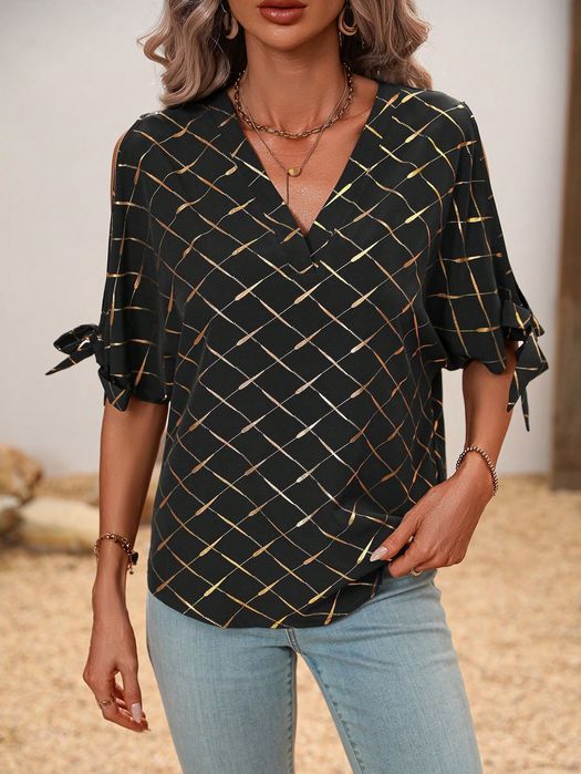 Bluzka Argyle Z Wyciętymi Ramionami Czarno-Złota Casual Shein S 36