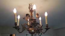 Komplet lamp mosiężnych, żyrandol, 2 kinkiety, lampa stołowa