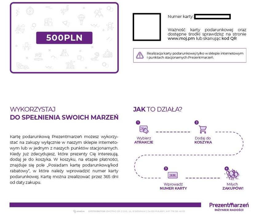 Karta podarunkowa (bon) Prezent Marzeń o nominale 500 zł