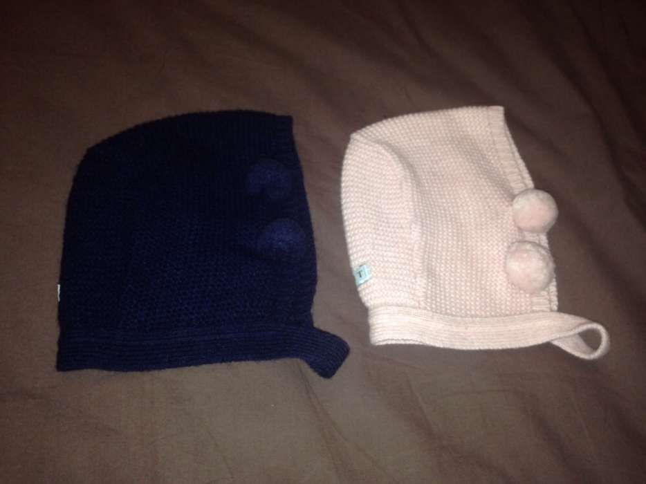 Gorro touca em lã com pompons azul e rosa 6/12meses - DOT