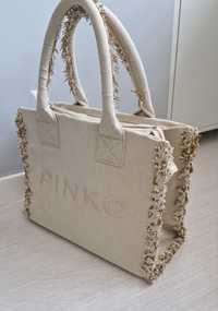Pinko beżowa letnia torba shopper bag napis logo frędzle