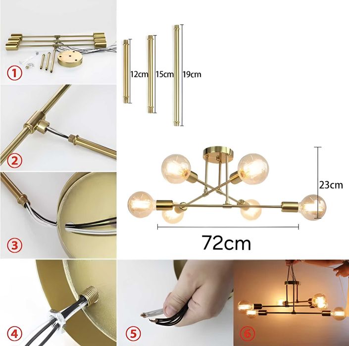 Lampa sufitowa wisząca żyrandol plafon złota 6 punktów gwint E27 loft