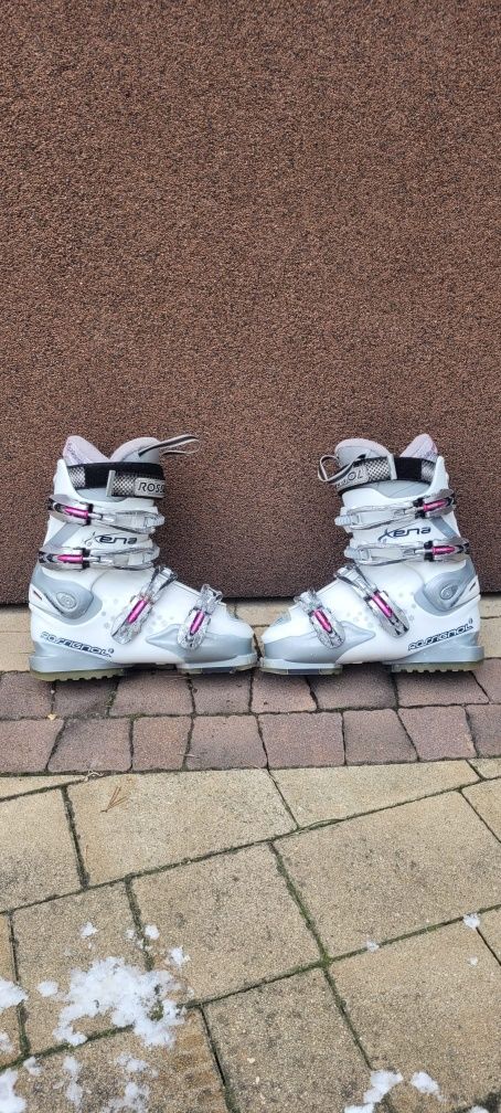Narty Atomic 120 buty Rossignol 220-235 dziewczynka białe różowe kijki
