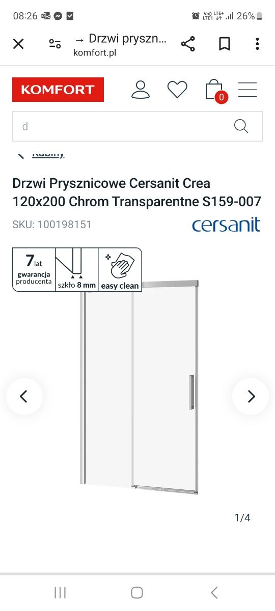 Drzwi prysznicowe przesuwne Cersanit Crea 120cm