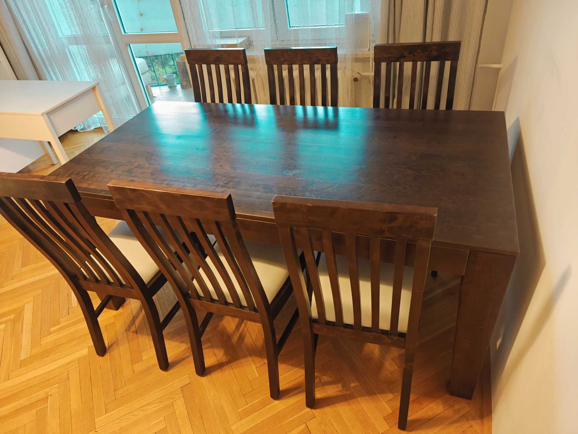 Komplet duży stół + 8 krzeseł + 2 dostawki - lite drewno szlachetne