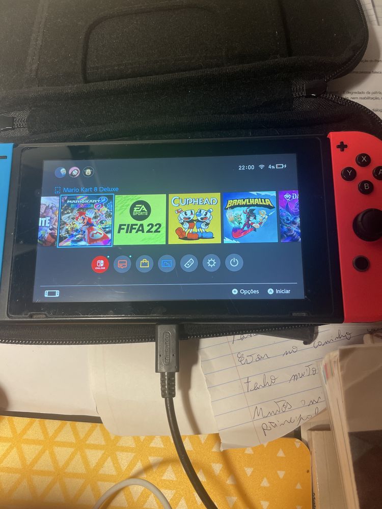 Nintendo switch + 3 jogos + cabo + assesorios