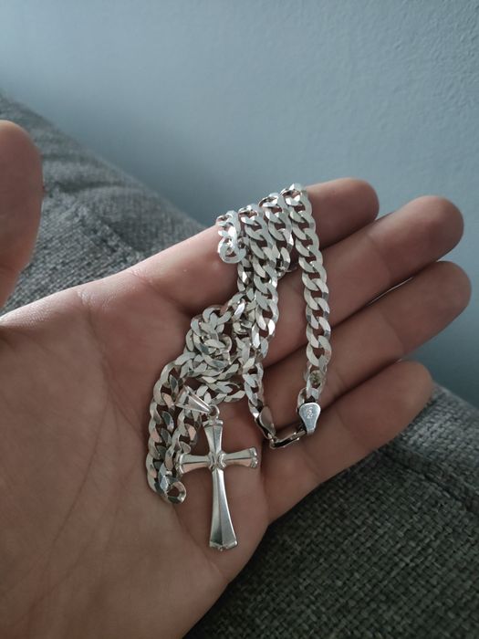 Srebrny Łańcuszek/stan idealny/925 Pancerka Pełna z Krzyżykiem Argmeta