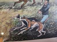Rysunek obrazek harris ramka rama pozłacana konie polowanie psy harty