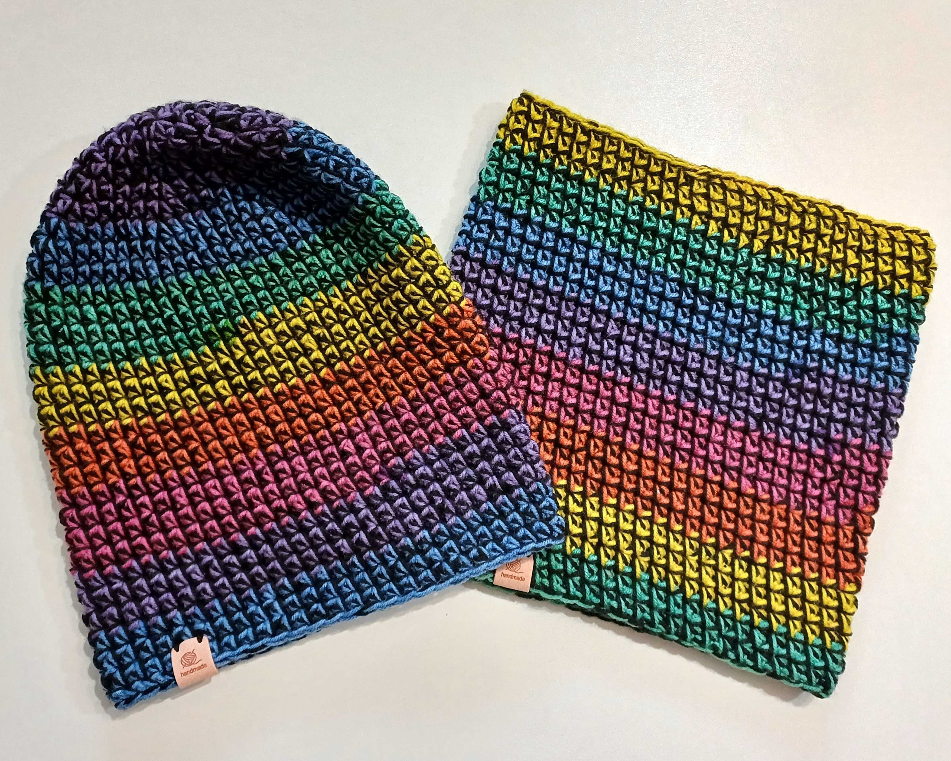 Kolorowy komplet czapka beanie z długim kominem handmade na szydełku