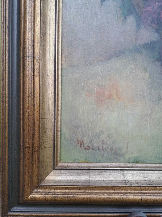 Obraz olejny - kompozycja z fioletowymi chryzantemami