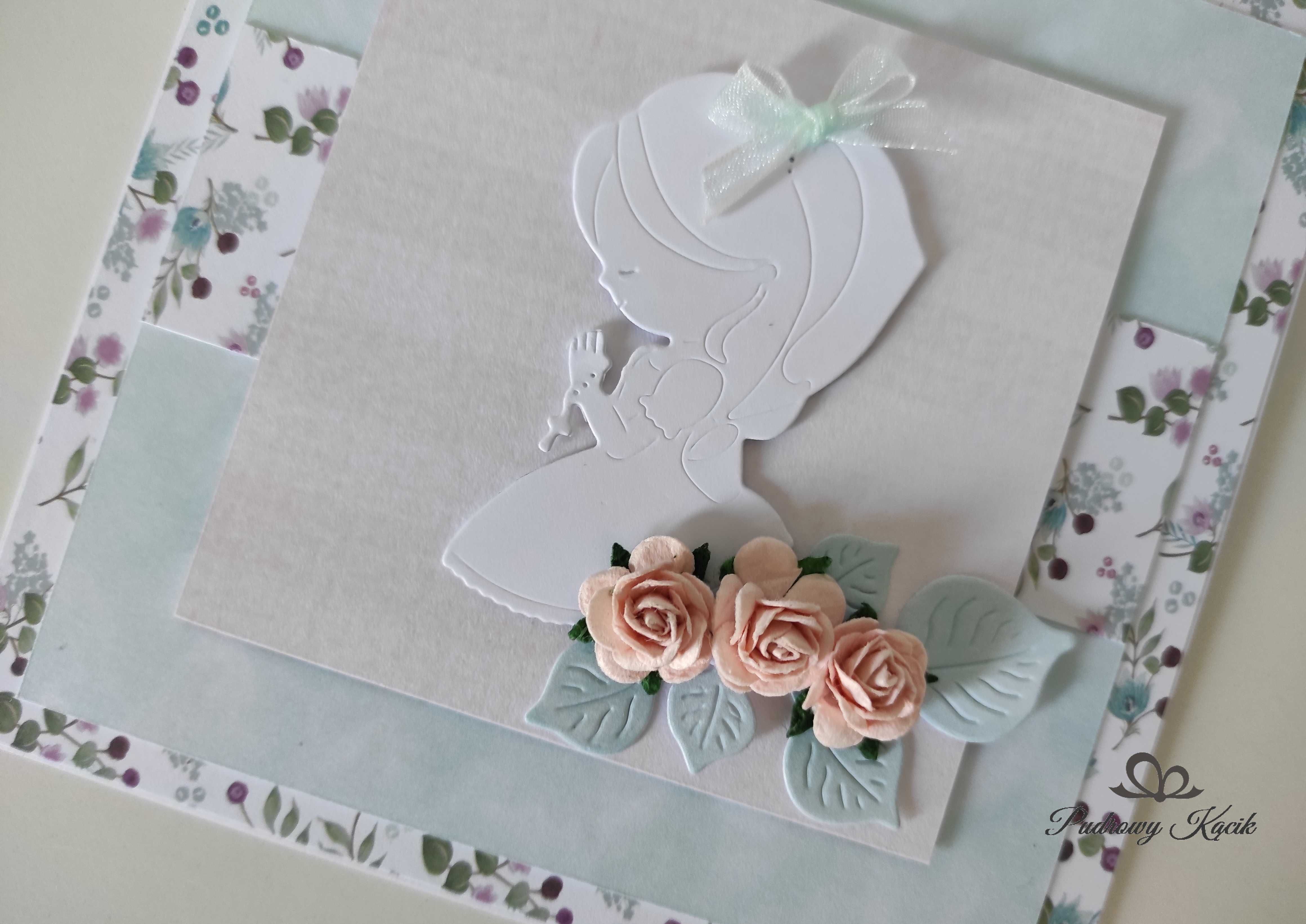 Kartka ręcznie robiona Komunia Święta scrapbooking miętowa