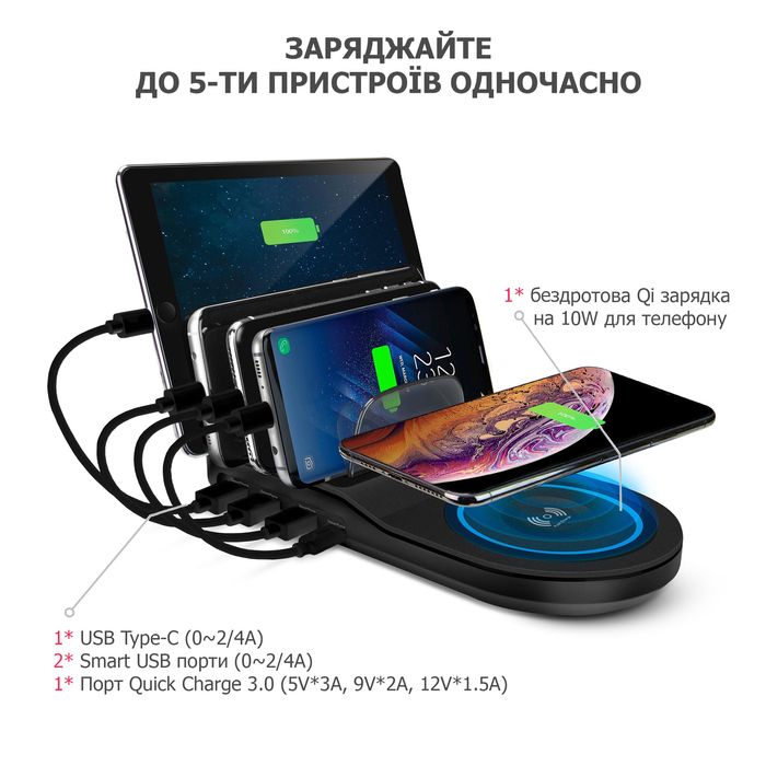 Беспроводное Зарядное Устройство и 4USB- Мульти зарядка Док Станция Qi