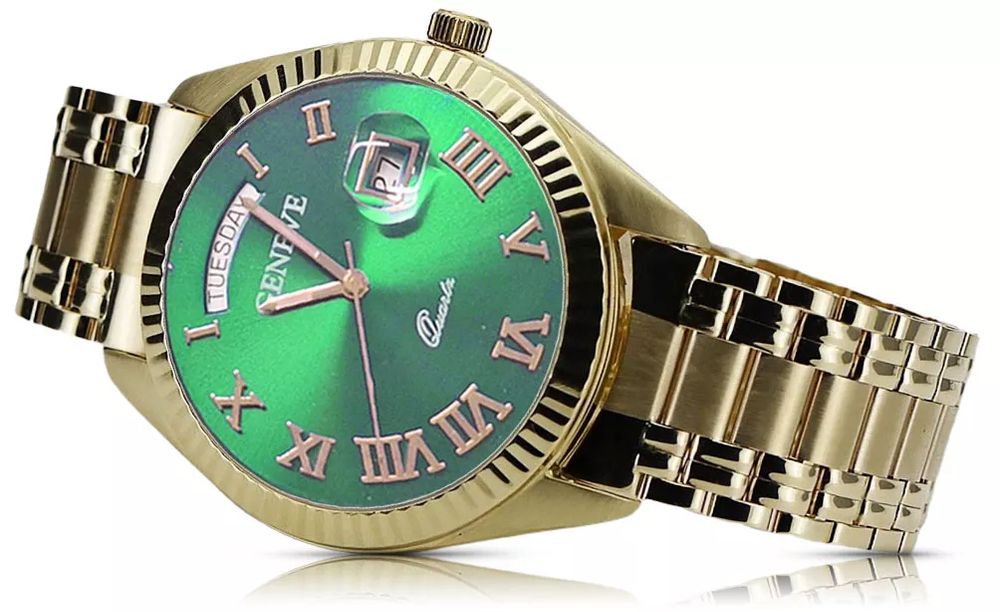 Złoty zegarek męski 14k Geneve mw008ydgrr&mba012yo zielona tarcza Wawa