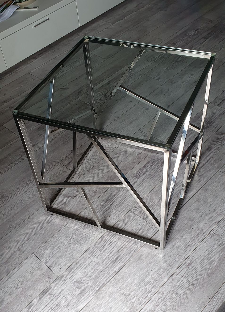 Stolik kawowy cube kwadratowy szklany srebrny 55cm