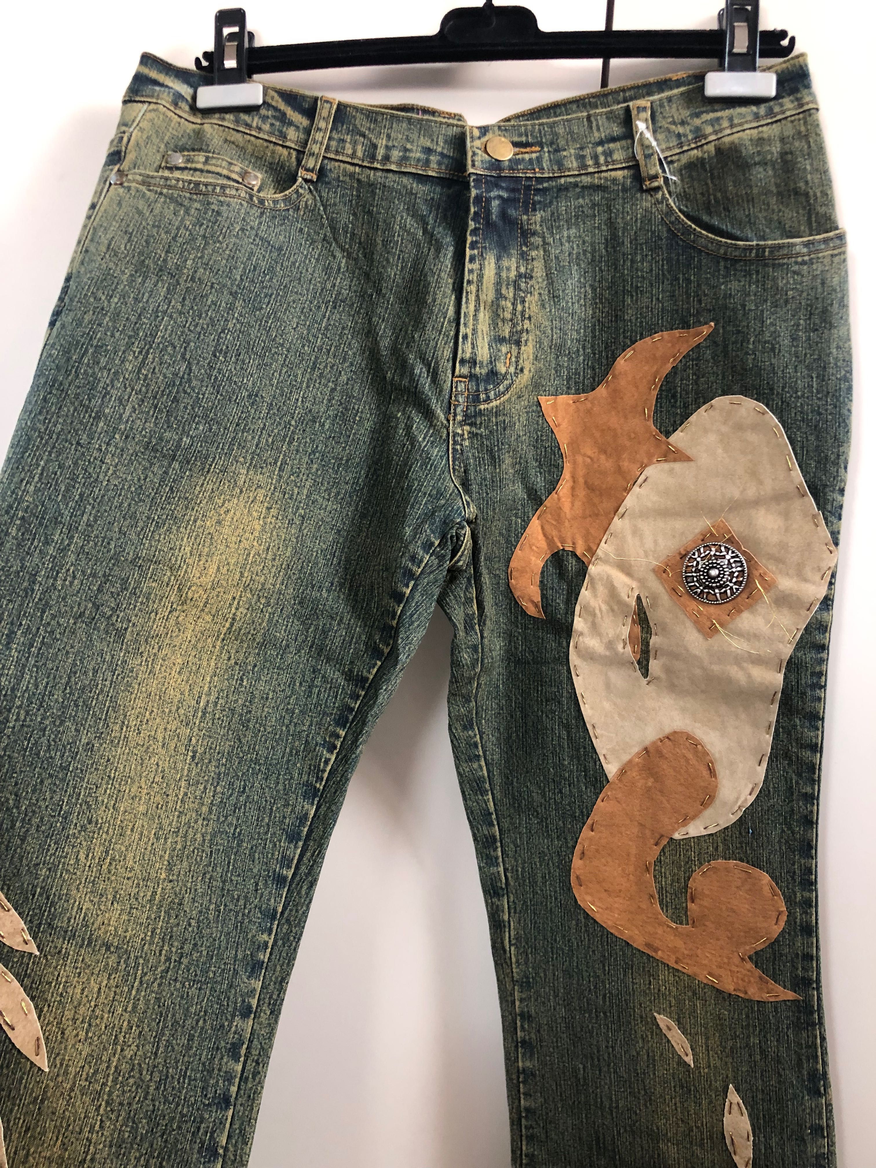 Spodnie dzwony jeansy denim y2k 2000s boho vibe ekoskóra L 33