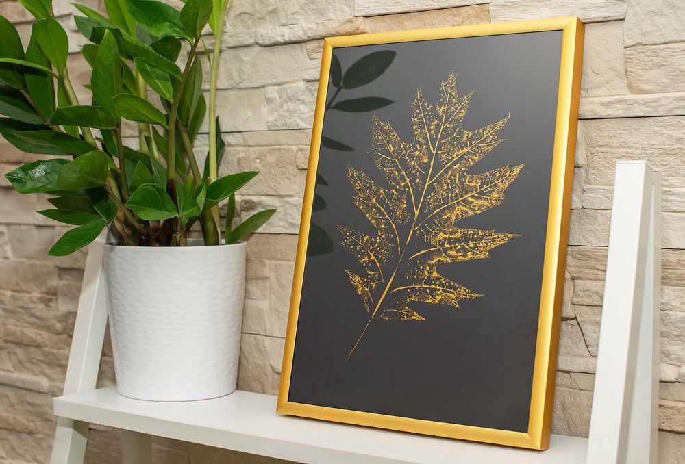 Obraz Botaniczny. Plakat w stylu Glamour. Złoty Liść Dębu ramka Alu A4