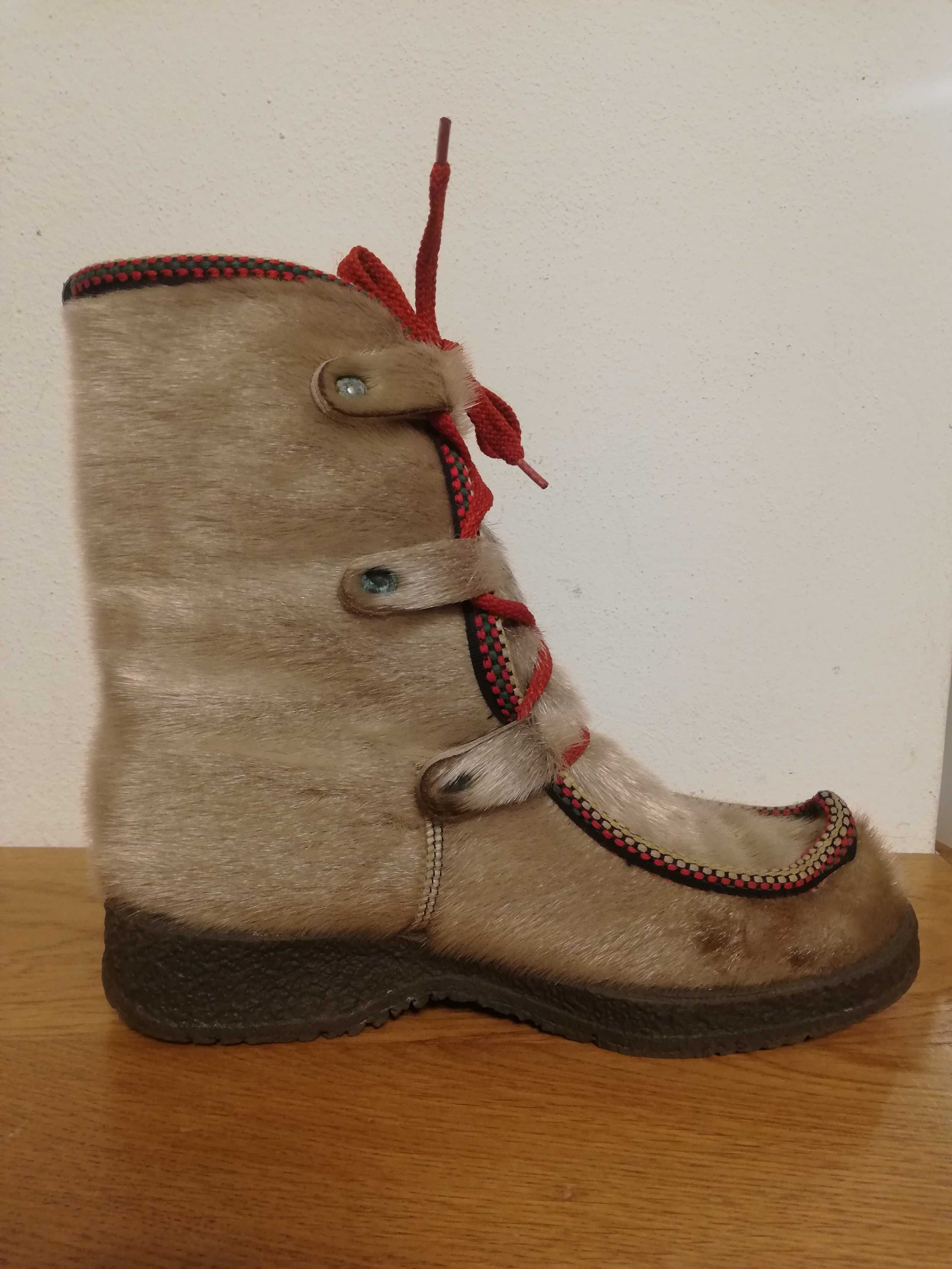 skórzane skandynawskie buty zimowe vintage renifer śniegowce futrzane
