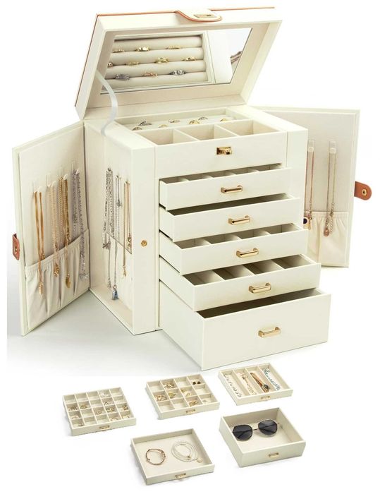 Pudełko Biżuterię KAMIER Organizer 6 Warstw Lustro 5 Szuflad Biały