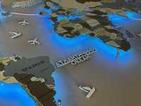 Деревянная карта мира LED, дерев‘яна мапа світу на стіну з підсвіткою
