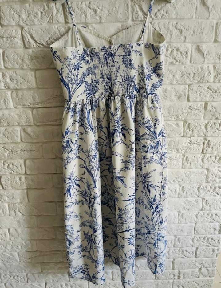 H&M biala w niebieskie kwiaty lniana sukienka na lato r.44