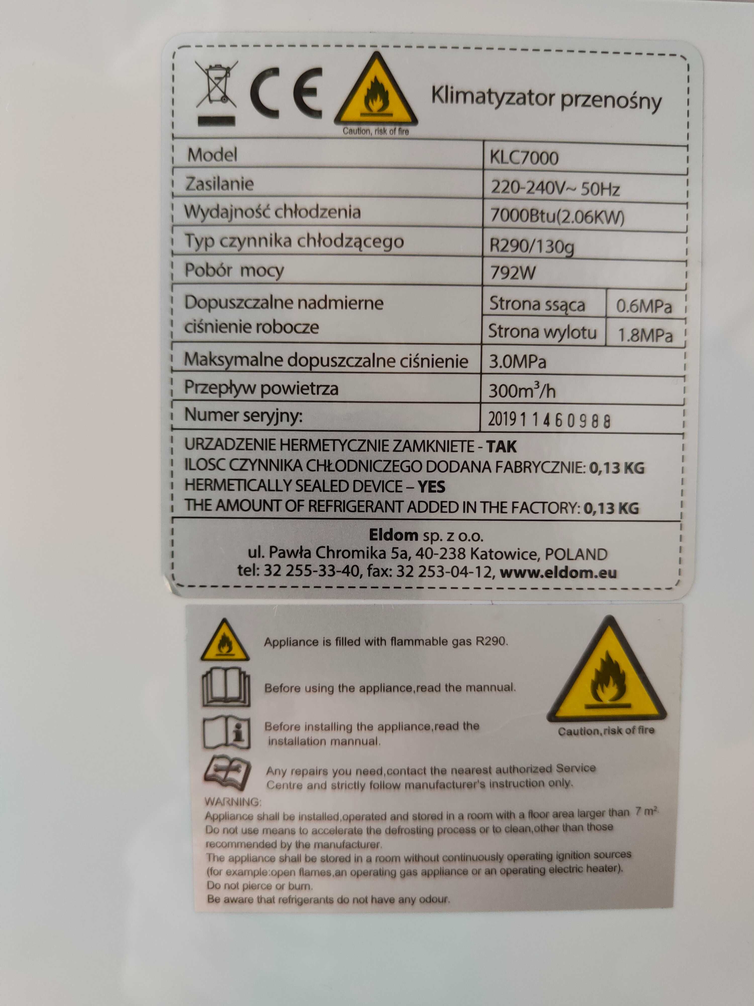 Klimatyzator / osuszacz / wentylator - gwarancja
Columbia Vac KLC7000