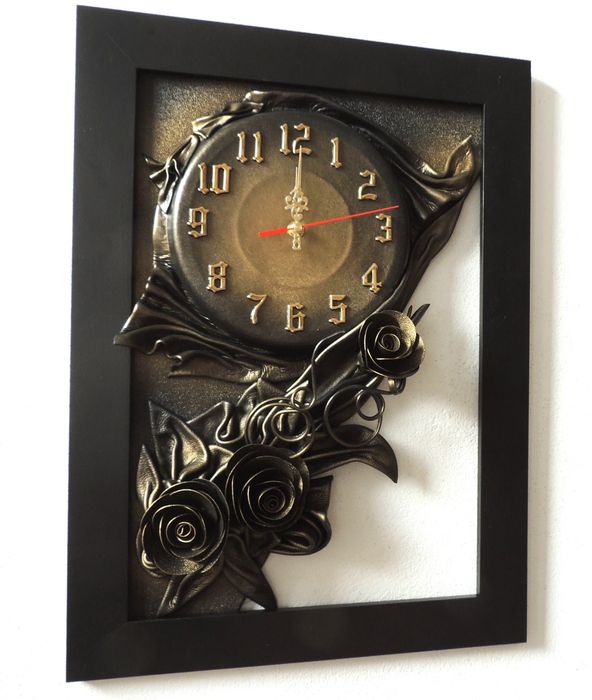 Czarno mosiężny zegar w ramie z litego drewna, skóra + DEDYKACJA