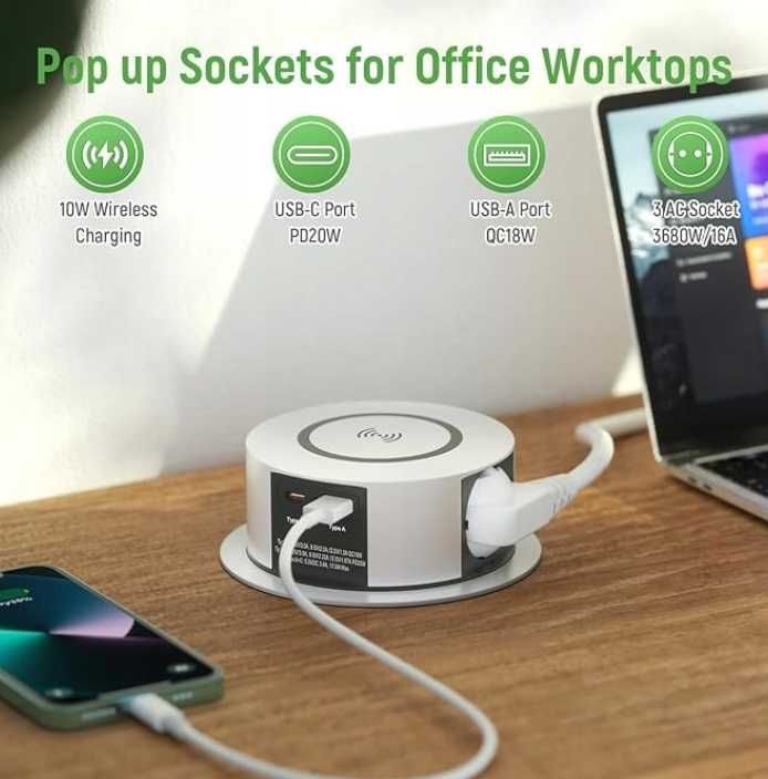 Wysuwane Gniazdko USB C PD20W 3x z Ładowarką Bezprzewod 10W do Biurka