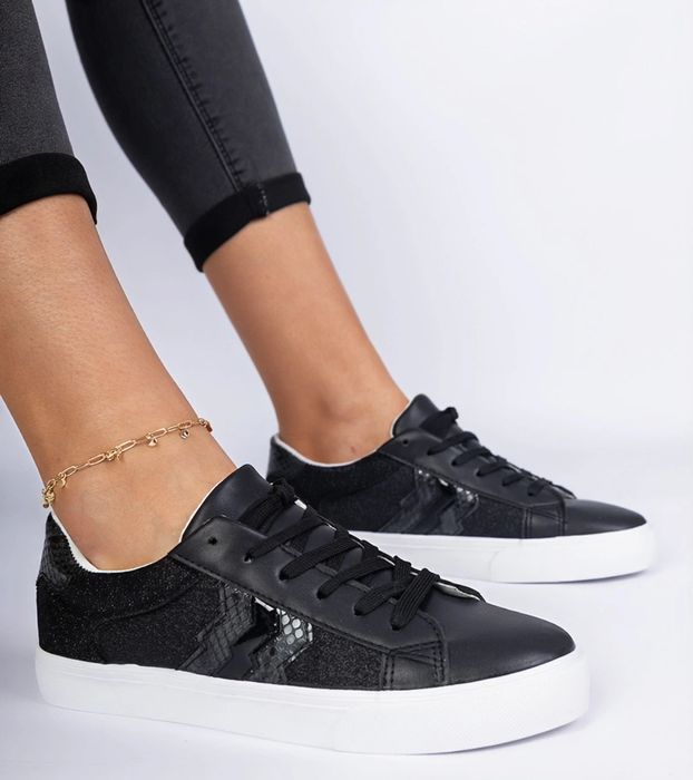 Czarne sneakersy ze zwierzęcym motywem zdobione brokatem Walorin
