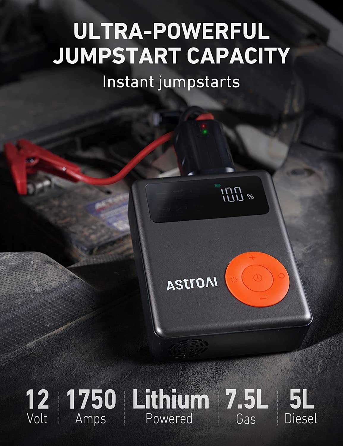 AstroAI Jump Starter с воздушным компрессором, 1750А авто стартер