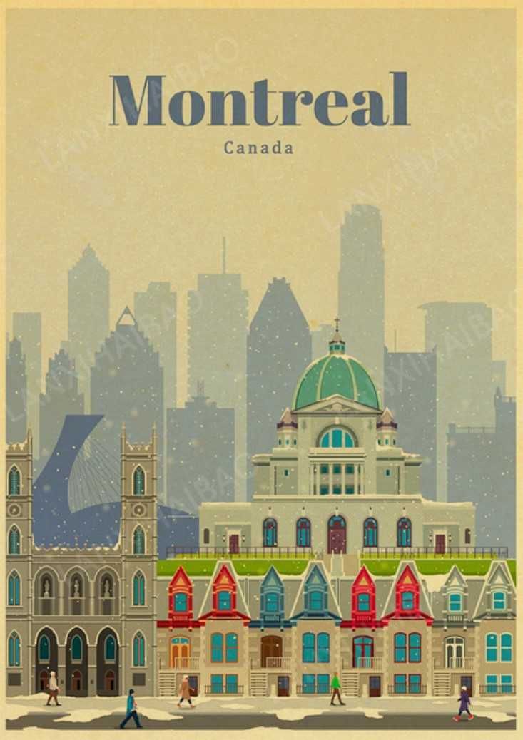 PIĘKNY duży plakat obraz vintage MONTREAL Kanada grafika