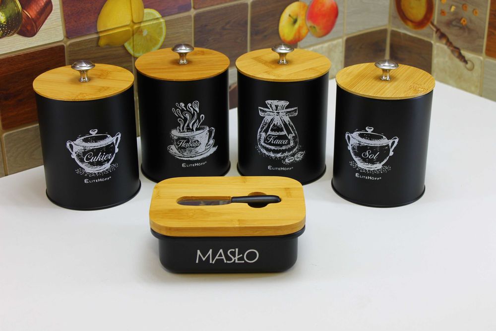 Pojemniki czarne puszki Kawa Herbata Cukier Sól z Maselniczką E6055