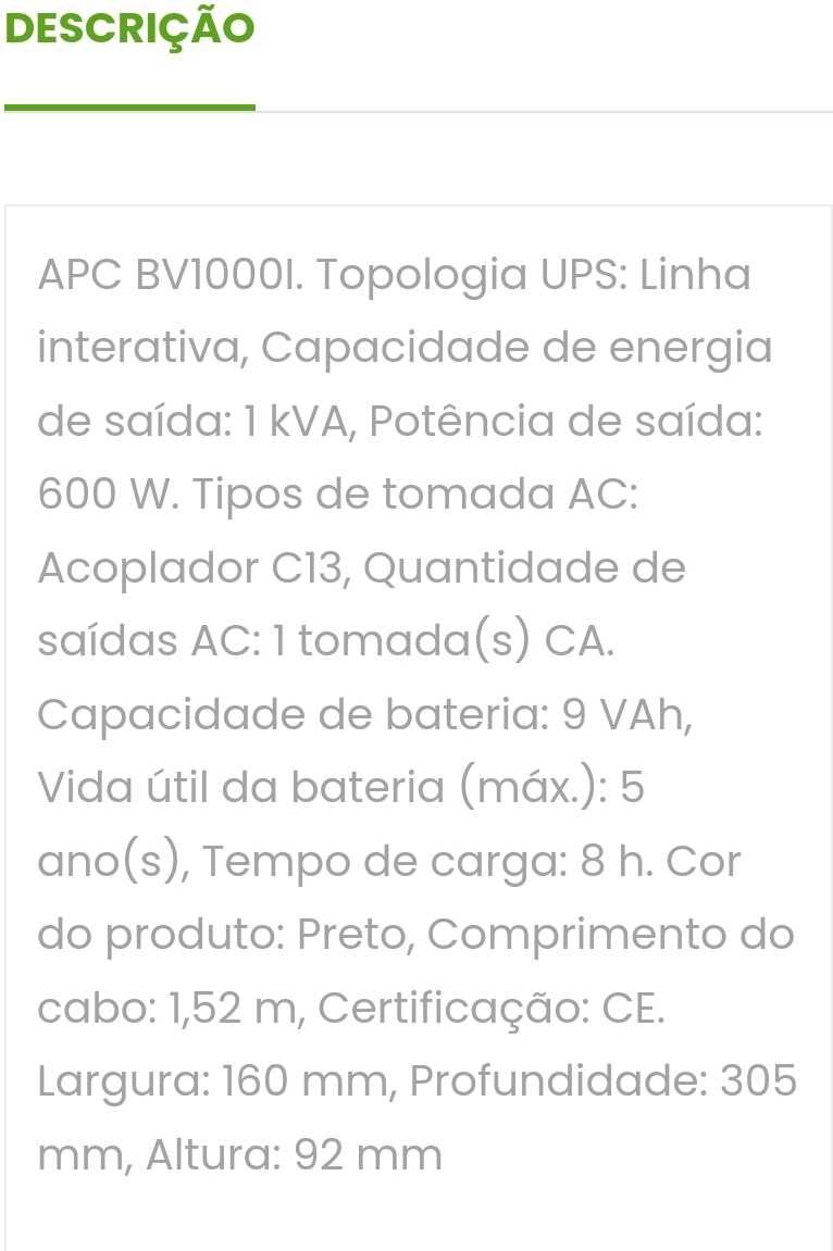 APC BV1000I UPS LINHA INTERATIVA 1 KVA 600 W 1 TOMADA(S) CA