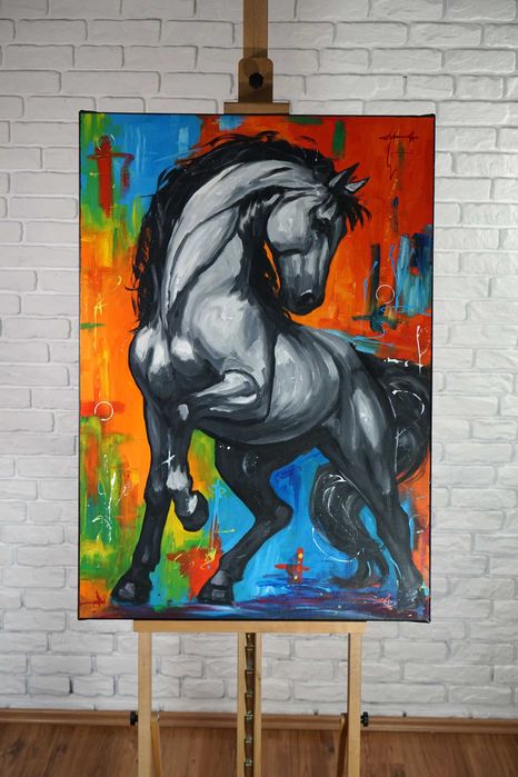 Ręcznie malowany duży obraz olejny oryginalny z certyfikatem koń