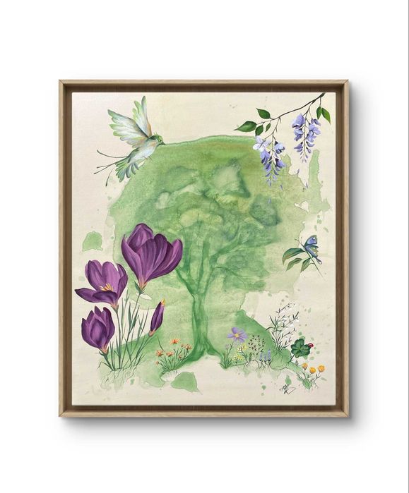 Obraz ręcznie malowany 50x60 cm zieleń, ptaki, kwiaty, natura, drzewo