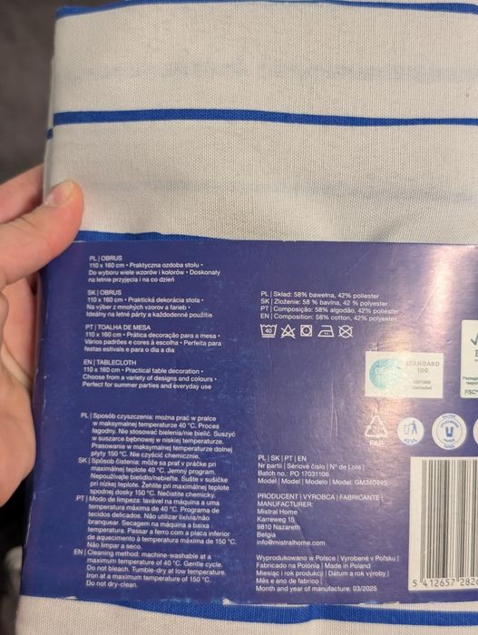 Obrus biało niebieski w paski 110 x 160