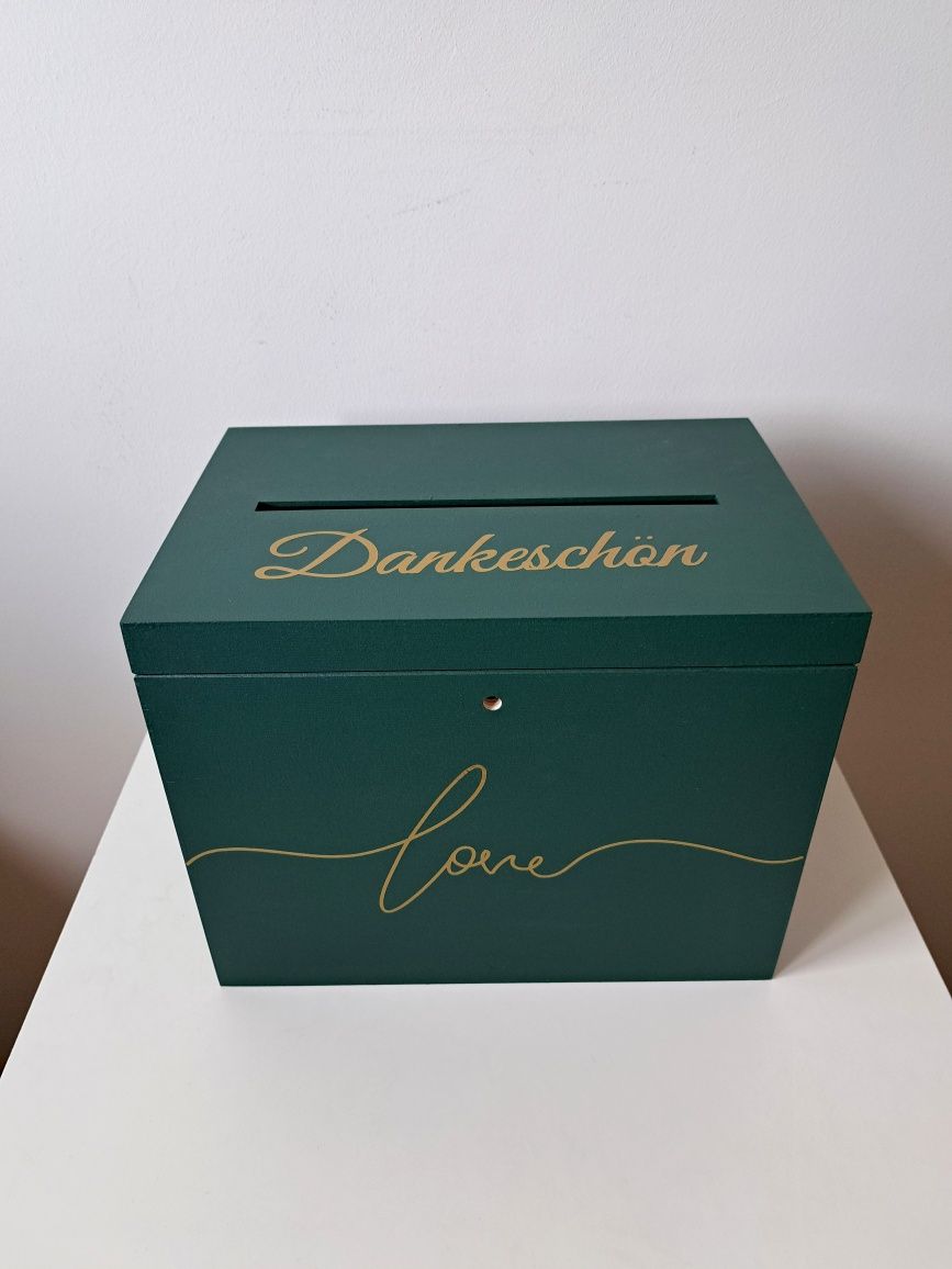 Butelkowa zieleń pudełko na koperty złoty napis ślub wesele