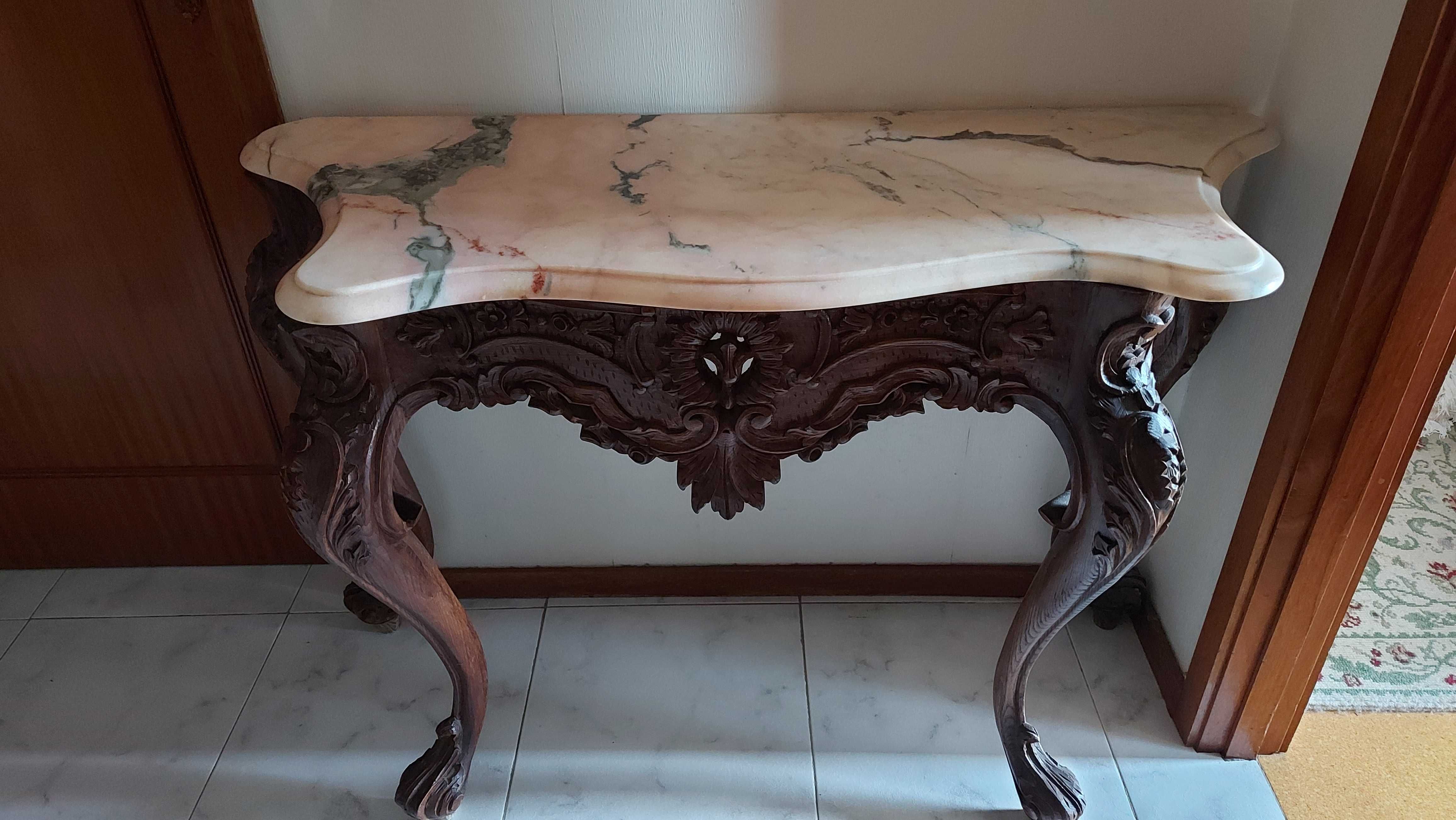 Consola antiga em madeira com espelho e com tampo em mármore