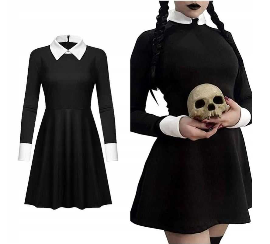 Strój WEDNESDAY ADDAMS czarna sukienka 134-140 cm [RODZINA ADDAMSÓW]