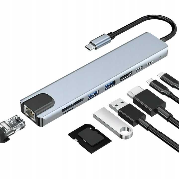 Adapter HUB 8W1 z Kablem USB C HDMI SD Micro SD USB 3.0 RJ-45 LAN