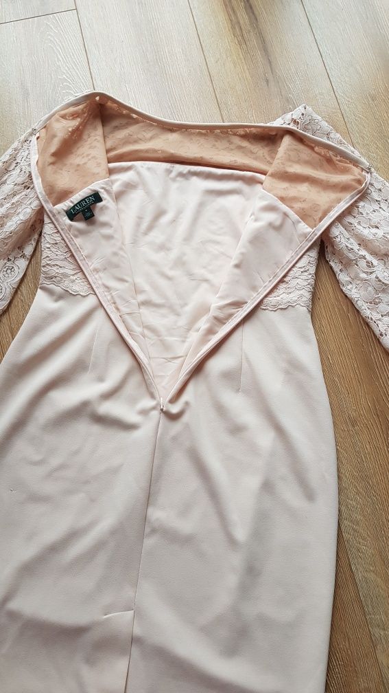 klasyczna piękna pudrowa sukienka Ralph Lauren koronkowa pudrowy róż L