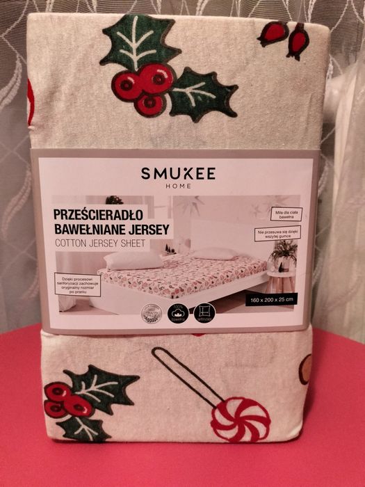 Prześcieradło bawełniane jersey z gumką Smukee 160x200x25 ostrokrzew