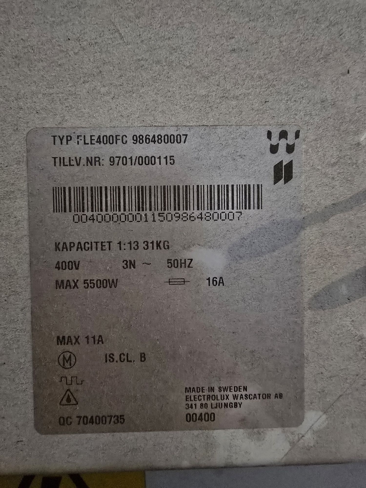 Pralka przemysłowa electrolux wascator FLE400FC 40kg