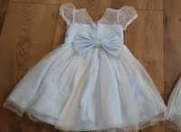 elegancka sukienka błękit z białym tiulem w kropki roz. 130 cm