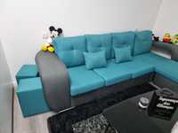 Sofa com 4 puff azul e preto