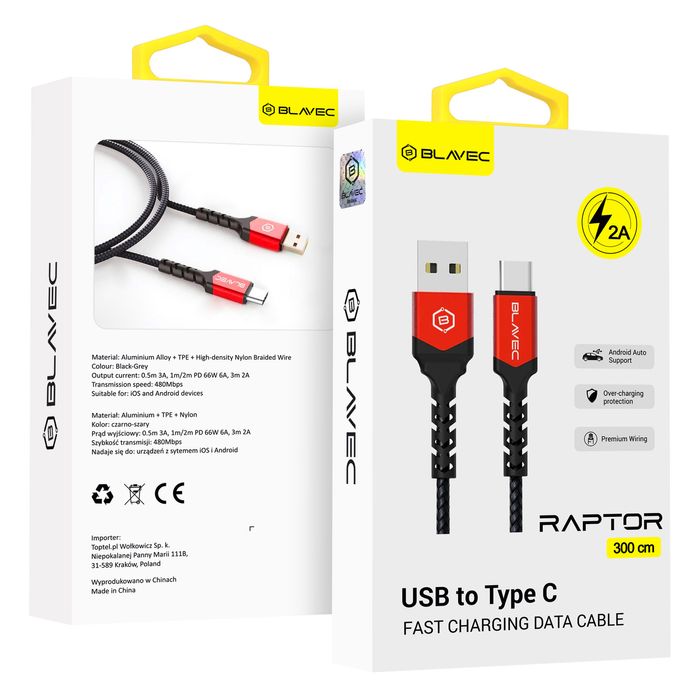 Blavec Kabel Raptor USB na Typ C 2A 3m (czarno-czerwony)