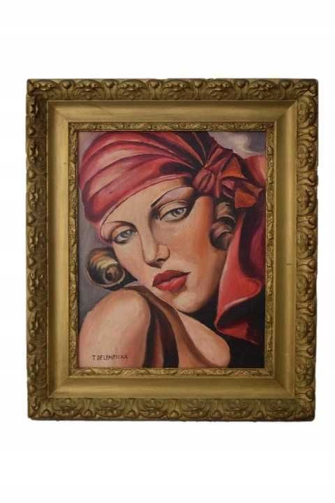 T De Łempicka - Portret Kobiety w Czerwonej Chuście - Obraz Olejny
