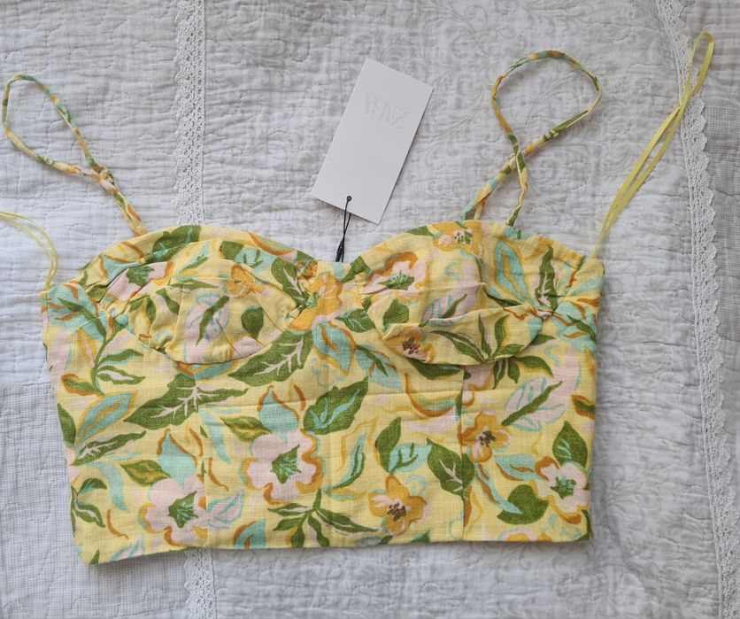 Lniany top gorsetowy Zara S na ramiączkach kwiaty