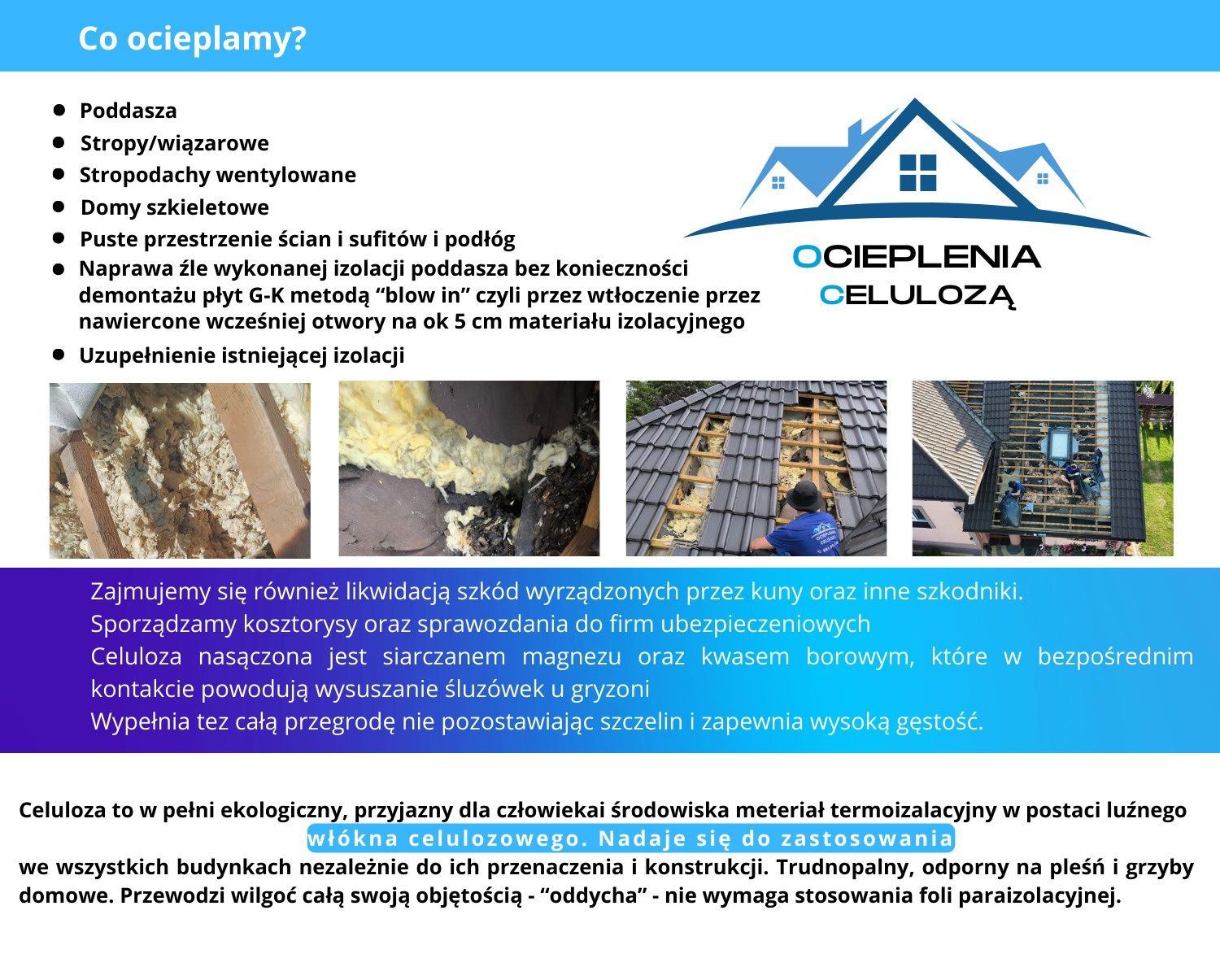 Ocieplenia poddaszy naprawa po kunie wdmuchiwanie celulozy docieplenie