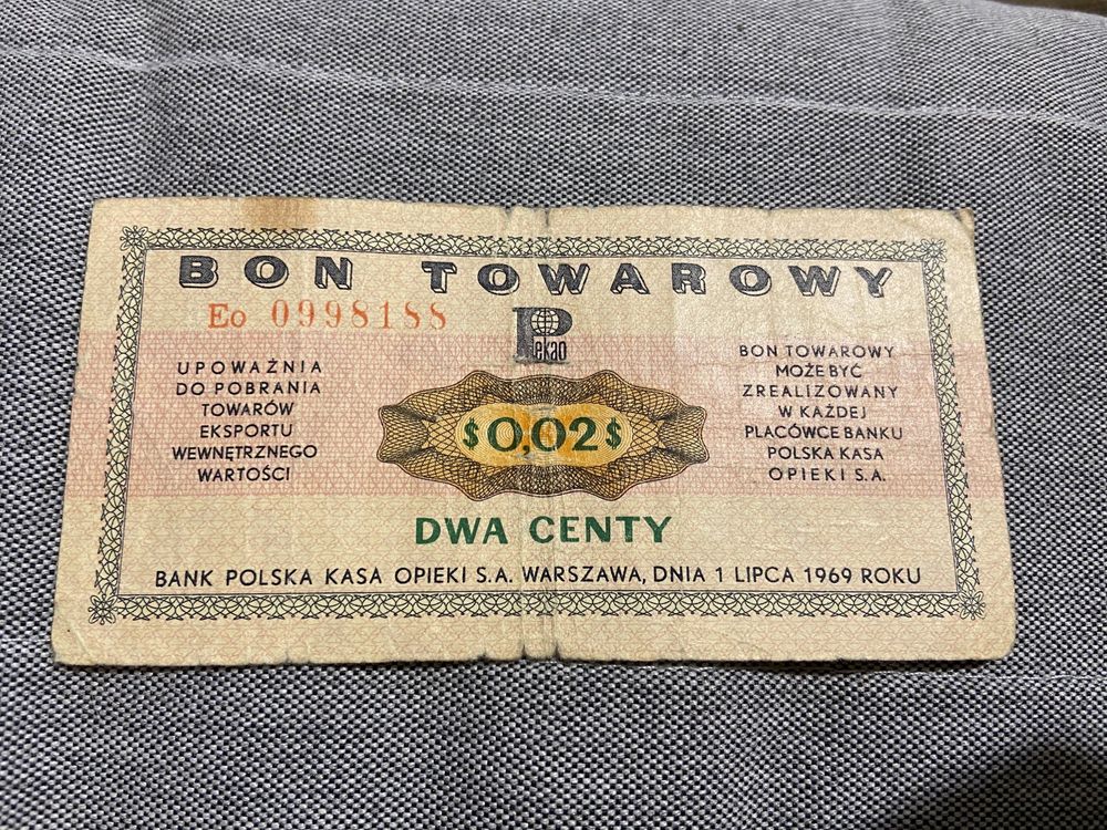 Bon towarowy dwa centy z 1969 roku